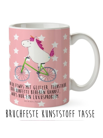 Mr. & Mrs. Panda Kindertasse Einhorn Radfahrer mit Spruch in Rot Pastell