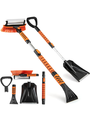 COSTWAY Eiskratzer Auto mit Besen, 4 in 1 Schneebesen ausziehbar mit 180° in Orange