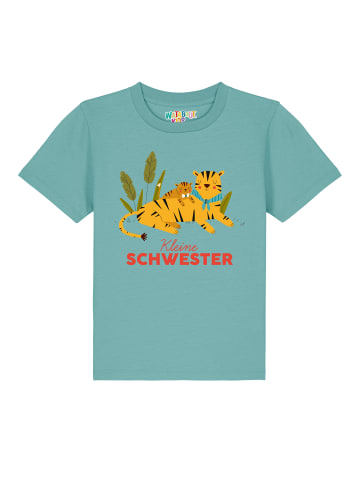 wat? Apparel T-Shirt Tiger Kleine Schwester in Teal Monstera