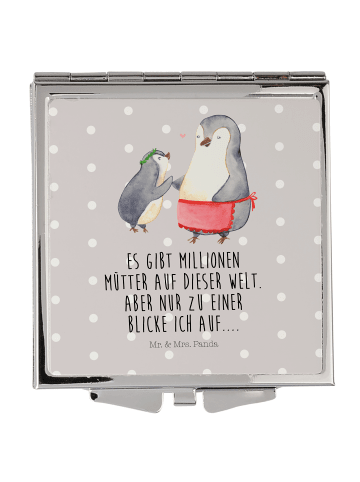 Mr. & Mrs. Panda Klappbarer Spiegel Pinguin mit Kind mit Spruch in Grau Pastell