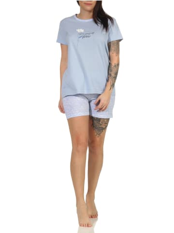 NORMANN Shorty Schlafanzug Pyjama kurzarm Blümchen Design - 62806 in blau
