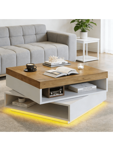 ABRIHOME Couchtisch in Weiß Holzton 360 Grad schwenkbar mit LED 65x65x40 cm