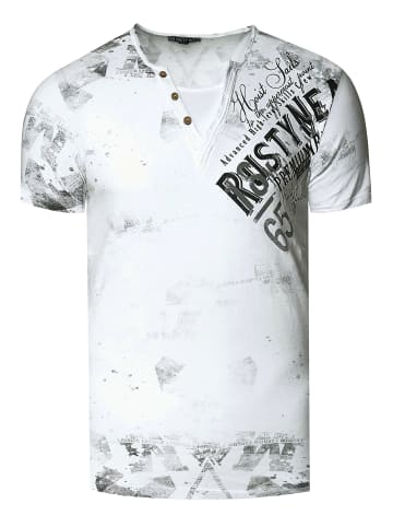 Rusty Neal V-Neck T-Shirt Verwaschen mit Seitlichem Logo Print in Weiß