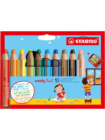 STABILO Holzfarbstift woody 3 in 1 Kartonetui mit 10 Stiften und 1 Spitzer
