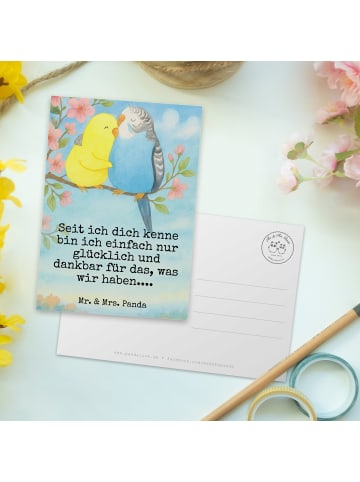 Mr. & Mrs. Panda Postkarte Wellensittich Liebe Design mit Spruch in Weiß