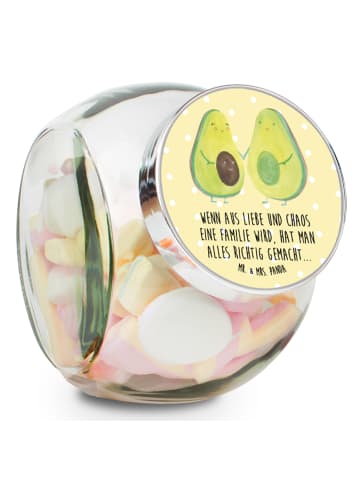 Mr. & Mrs. Panda glas für müsli Avocado Pärchen mit Spruch in Gelb Pastell