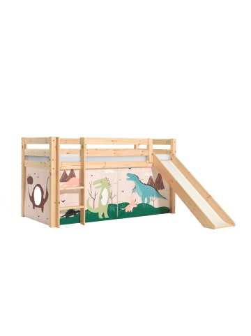 58 aufm Kessel KINDERBETT mit Rutsche Karolina Massivholz Natur Textilset Dino
