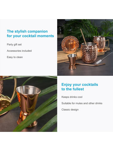 Intirilife Moscow Mule Cocktail Becher 2er Set 450 ml  mit Untersetzer Strohhalme in Kupfer