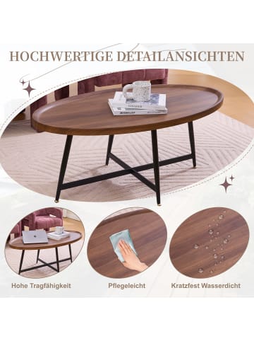 ABRIHOME Couchtisch Oval Holztischplatte & Schwarzes Metallgestell, 110x55 cm