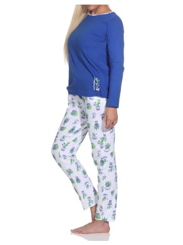 NORMANN Schlafanzug Lang Oberteil uni Kaktus Hose allover - 78652 in blau