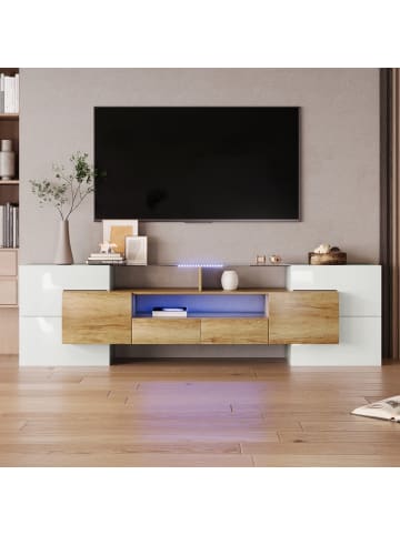 ABRIHOME TV Schrank in Hochglanz Weiß 200 cm mit LED Beleuchtung und Glasoberfläche