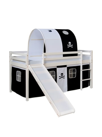 Homestyle4u Hochbett 90x200 mit Vorhang, Lattenrost, Matratze, Rutsche, Tunnel Weiß Pirat