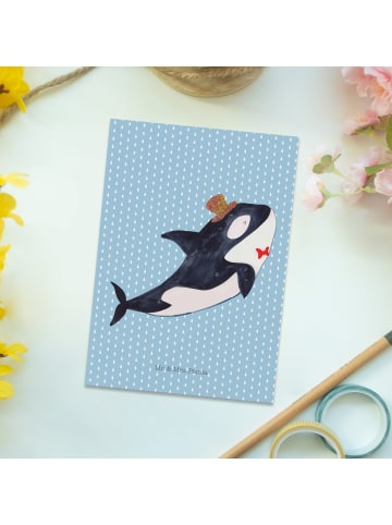 Mr. & Mrs. Panda Postkarte Orca Zylinder ohne Spruch in Blau Pastell