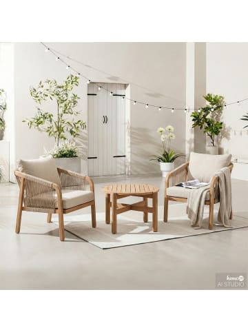 home24 Loungegruppe Mori 3-teilig Typ A in Gestell: Akazie BraunBezug & Geflecht: Beige
