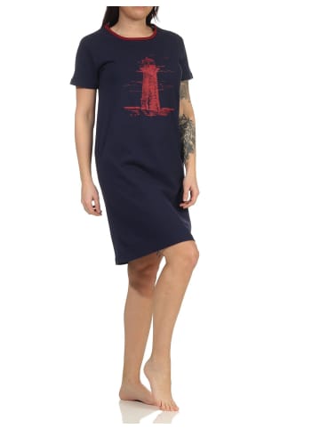 NORMANN Nachthemd kurzarm maritimimen Look und Leuchtturm - 60989 in navy