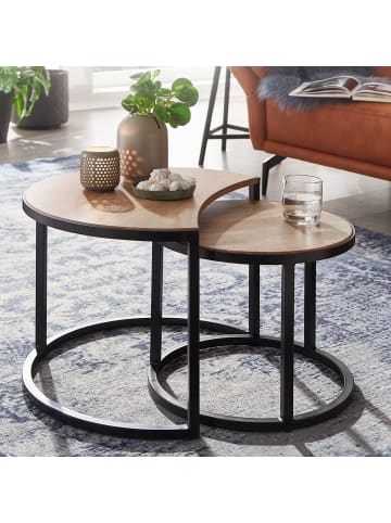 KADIMA DESIGN Couchtisch 2er Set Mango Massivholz / Metall Wohnzimmertisch Rund in Hellbraun