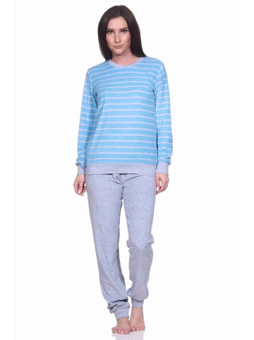 NORMANN Frottee Pyjama langarm Bündchen Streifen - 71458 in hellblau