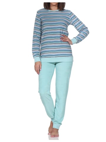 NORMANN Frottee Schlafanzug langarm Bündchen Streifenoptik in türkis