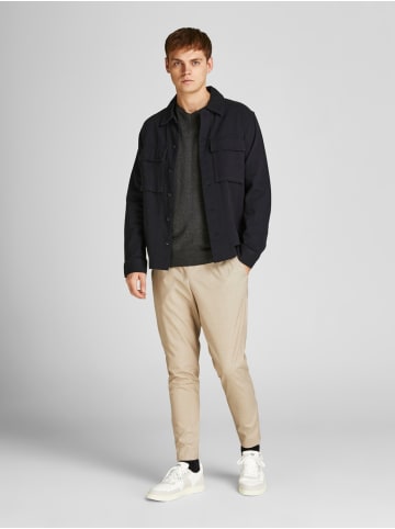 Jack & Jones Dünner Langarm Strickpullover V-Neck Basic Sweater JJEEMIL in Dunkelgrau