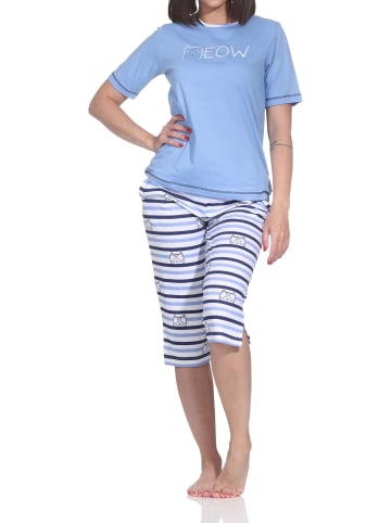 NORMANN Kurzarm Capri Schlafanzug Pyjama Katzen Optik Übergrößen in blau