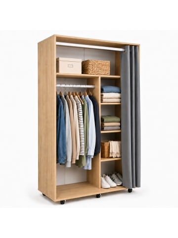VCM Kleiderschrank mit Stange auf Rollen 100 cm Ostila in Honig-Eiche
