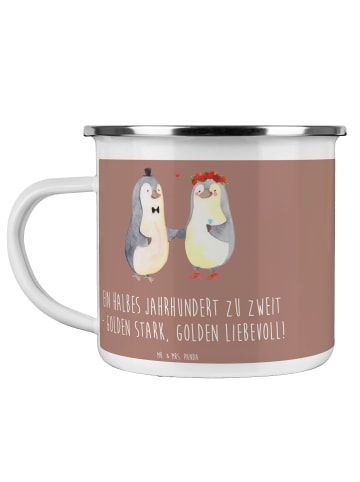 Mr. & Mrs. Panda Camping Emaille Tasse 50. Hochzeitstag Goldene ... in Braun Pastell