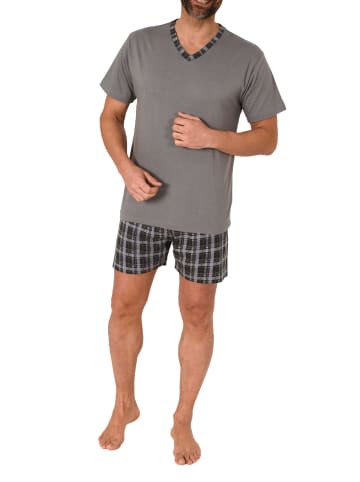 NORMANN Schlafanzug kurzarm Shorty mit karierter Jersey Hose - 86248 in grau