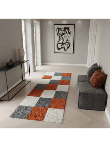 KADIMA DESIGN Teppich Hochflor Shaggy Waschbar Karo RHEIN Strapazierfähig in Terrakotta
