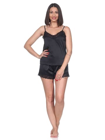 NORMANN Satin Schlafanzug Shorty Pyjama Ärmellos in schwarz