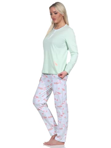 NORMANN Schlafanzug Langarm Pyjama Flamingo und Knopfleiste am Hals - 78548 in grün