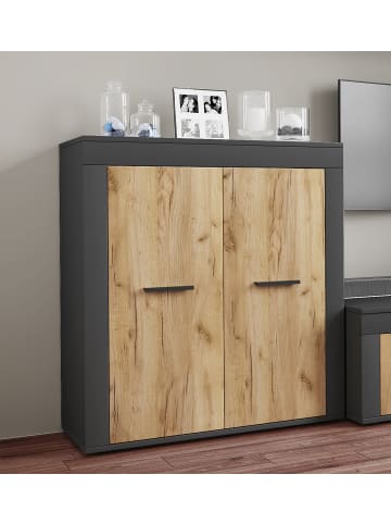 VCM  Holz Kommode Sideboard Anrichte Usilo 2 Drehtüren in Anthrazit / Honig-Eiche