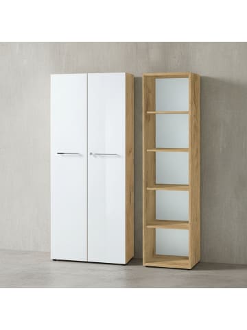 KADIMA DESIGN Büro-Set 2-teilig, Schrank Regal, Glas Front Modern in Chalet-Eiche-Nb.-Weiß