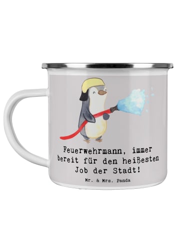 Mr. & Mrs. Panda Tasse Feuerwehrmann Held mit Spruch in Grau Pastell