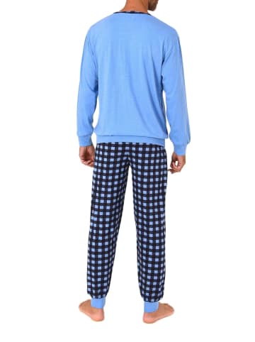 NORMANN Langarm Schlafanzug Bündchen und karierter Jersey Pyjamahose in hellblau