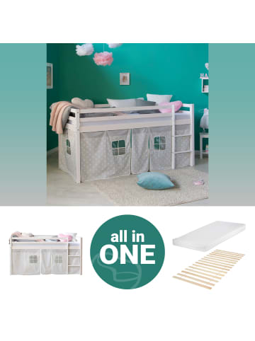 Homestyle4u Hochbett 90x200 mit Vorhang, Lattenrost, Matratze in Weiß Sterne