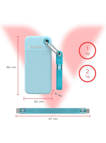 Verbatim Pocket SSD 1 TB Externe SSD USB 3.2 Gen 2 inkl. 2 Gummihüllen schwarz/h.blau