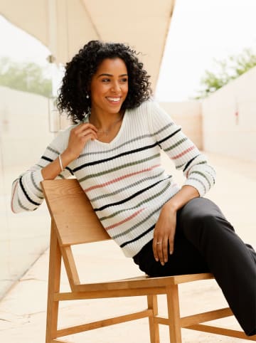 Sieh an! V-Pullover in ecru-schwarz-geringelt