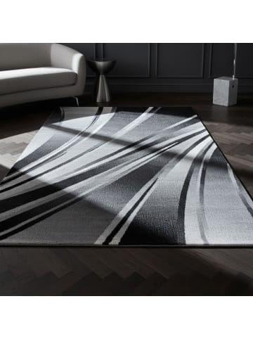 KADIMA DESIGN Teppich Kurzflor Waschbar Wellen DRAU Strapazierfähig OEKO-TEX in Schwarz