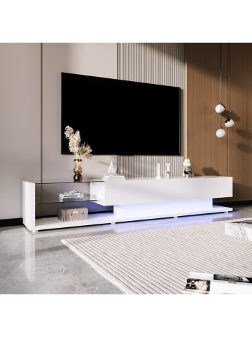 ABRIHOME Weißer LED TV-Schrank in Hochglanz 170 x 36 x 38 cm mit Glaselementen