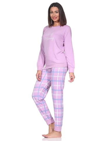 NORMANN Schlafanzug Pyjama langarm Karo Hose Jersey in lila