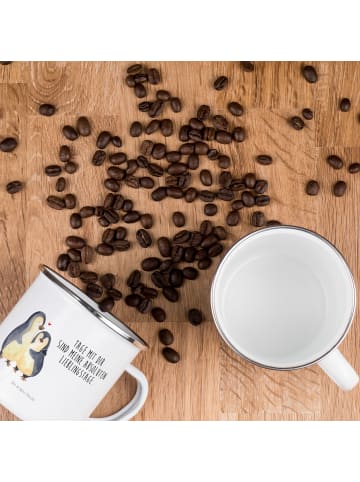 Mr. & Mrs. Panda Becher Emaille Pinguin umarmen mit Spruch in Weiß