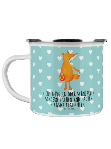 Mr. & Mrs. Panda Camping Emaille Tasse Fuchs Laterne mit Spruch in Türkis Pastell