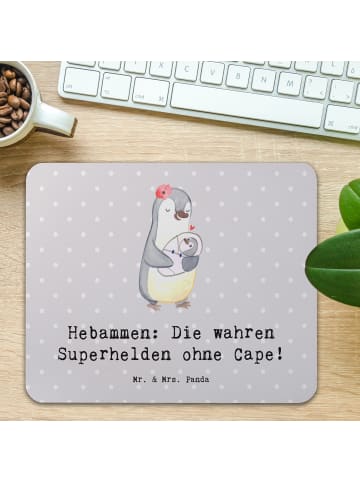 Mr. & Mrs. Panda Mouse Pad Hebamme Superheld mit Spruch in Grau Pastell