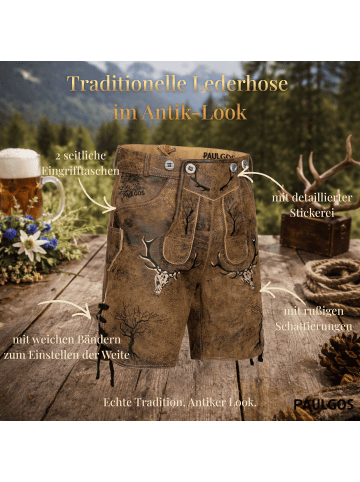 PAULGOS Lederhose Kurz Echtleder HK6 ANTIK in Whiskybraun
