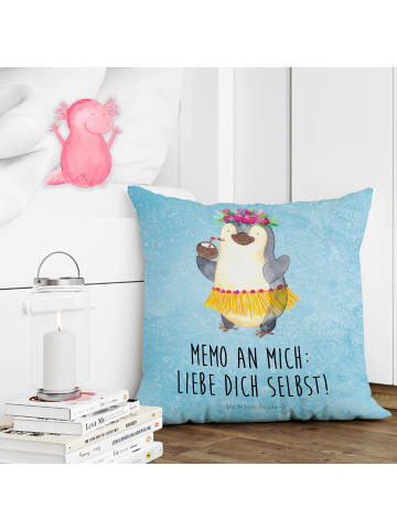 Mr. & Mrs. Panda Kopfkissen Pinguin Kokosnuss mit Spruch in Eisblau
