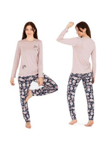 LOREZA Schlafanzug Pyjama langarm- Blumen - Bunt - L