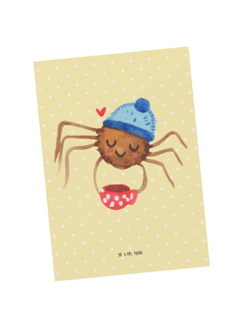 Mr. & Mrs. Panda Postkarte Spinne Agathe Kaffee ohne Spruch in Gelb Pastell