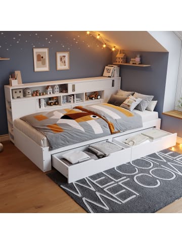 ABRIHOME Einzelbett mit Schubladen und Stauschrank 90x200cm in Weiß