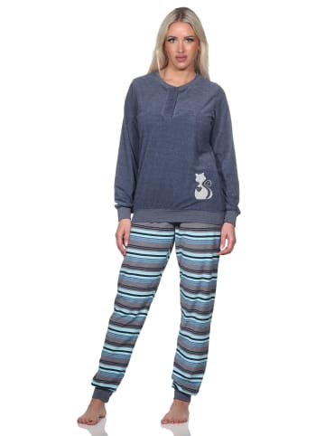 NORMANN Frottee Pyjama Hose gestreift Faulti Katze - 81859 in blau