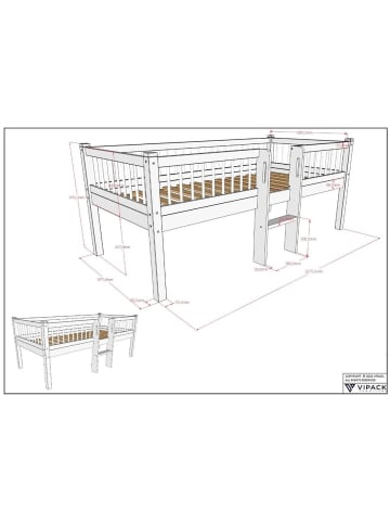 58 aufm Kessel SPIELBETT 90x200 Keeley Buche Weiß Leiter Boxen Holz